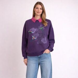 Vintage 90s Hanes Hummingbird Sweatshirt Large Purple Embroidered Crewneck
